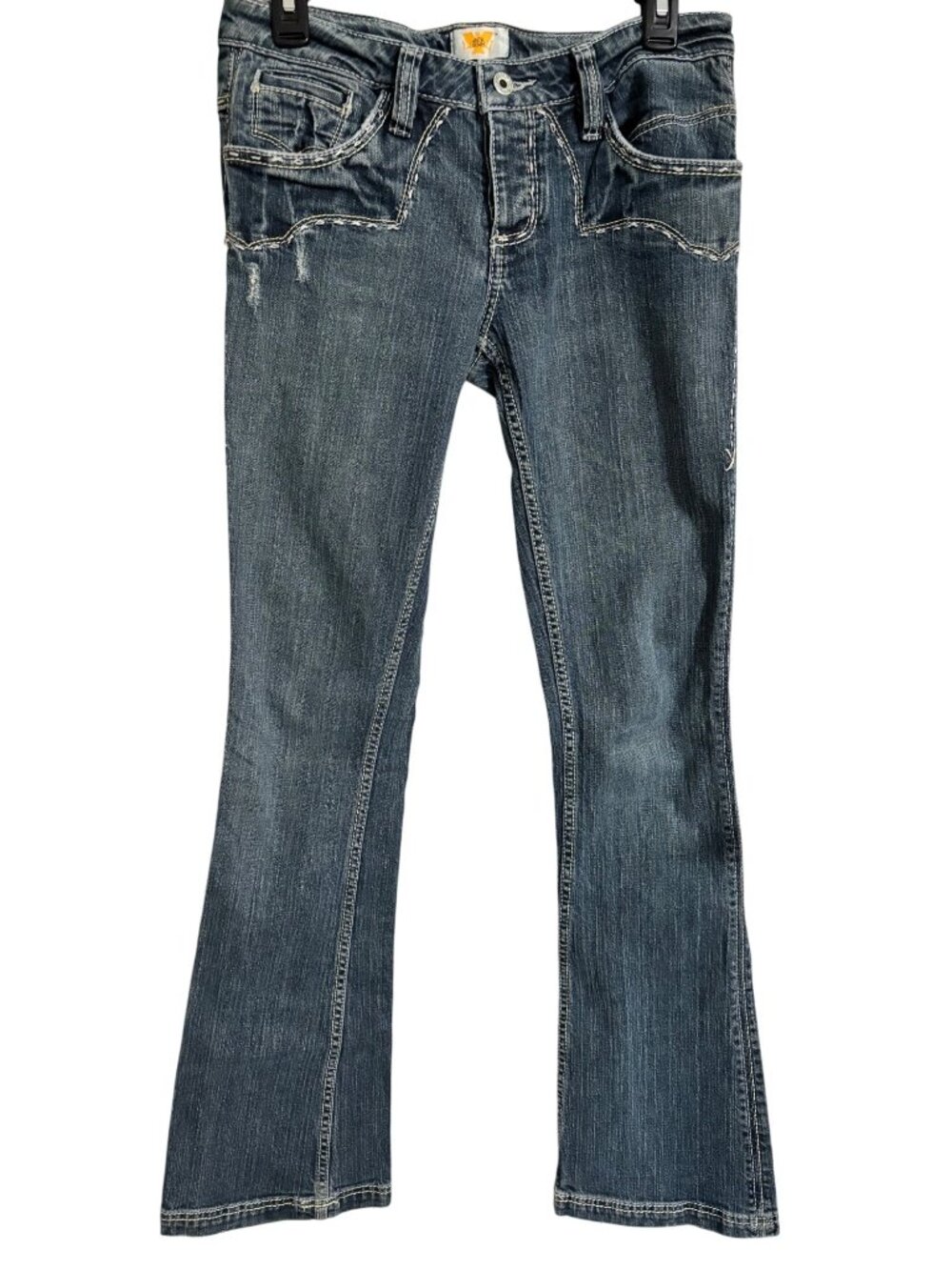 Antik Denim Womens Embroidered Low Rise Bootcut Jeans Distressed Denim
